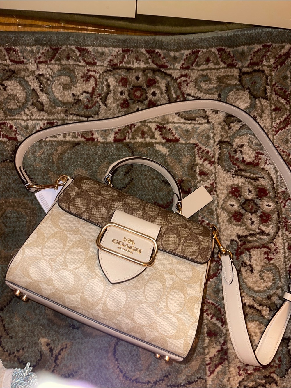 Coach Two-Tone Signature Top Handle Satchel in Khaki and Chalk